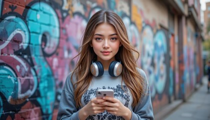 Young woman enjoying music and connection in a vibrant urban street
