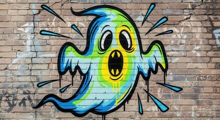 Cartoon spectral figure brightly painted in bold colors upon a textured urban brick wall surface