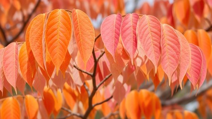 Close-up view of vibrant orange and red leaves clustered on a tree branch