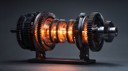 Glowing orange gears powering mechanical system with interlocking cogs on metal stand