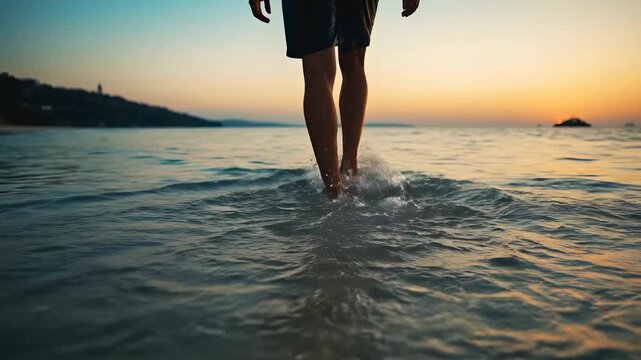 A person is wading through shallow water at the beach during sunset. Only the legs of the person are visible as they walk towards the viewer.