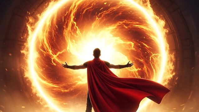 Man standing in front of a fiery portal with outstretched arms