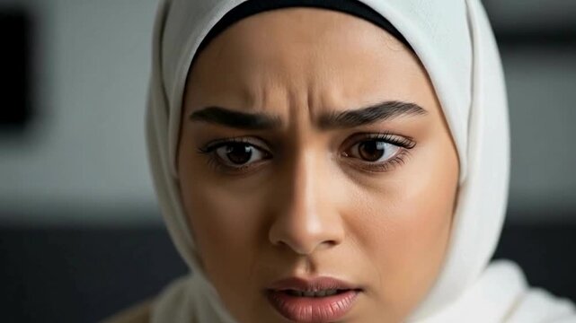 Woman wearing white hijab with concerned expression closeup