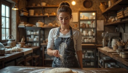 A skilled home baker gently sifting flour in a charming old kitchen