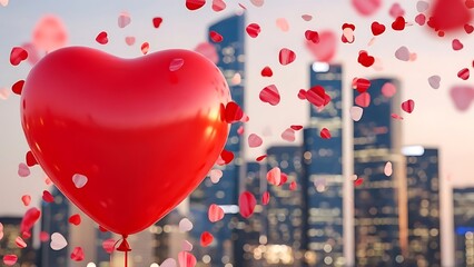 Red heart balloon floating over cityscape with heart confetti