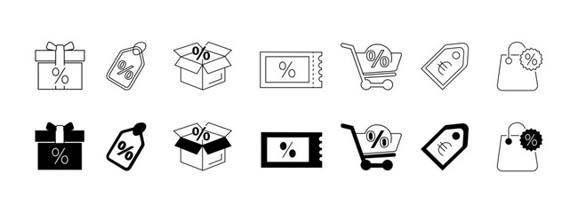 Fototapeta premium Discount and sale icon set. Price tags and promotion, line and solid style shopping symbols.