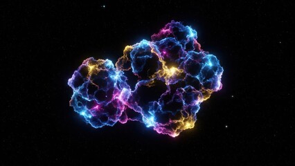 Colorful nebula cloud with pink, blue, and yellow glows against dark space