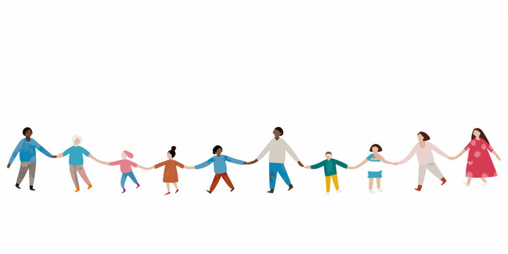 Diverse group of people holding hands in a line symbolizing unity