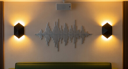 Modern interior wall decoration featuring a striking three dimensional silver metallic sound wave sculpture flanked by symmetrical black geometric sconce lights casting warm ambient uplight