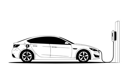 Electric car vector illustration, modern flat design, eco friendly concept, electric vehicle charging at home, clean lines, minimal background, soft colors, renewable energy theme