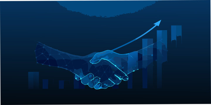 Digital handshake with rising graph representing successful business deals and partnerships
