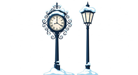 Ornate antique street clock featuring roman numerals stands beside a tall gas lamp post both lightly dusted with freshly fallen white snow against a stark white background in a winter scene
