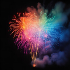 Happy New Year Celebration Background with Red and Gold Balloons Bright Fireworks Confetti Isolated on White Background