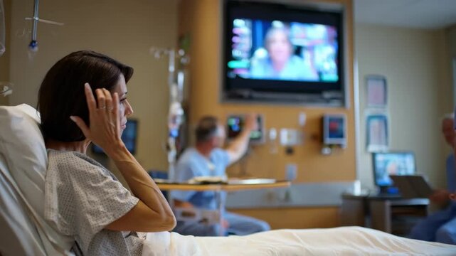Medium shot of a patient watching a TV screen easing discomfort with engaging visual entertainment during a medical procedure.