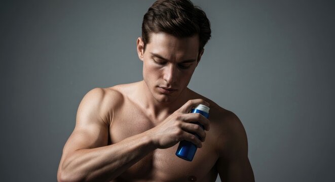 Man applies deodorant, shirtless, with focus on chest and spray bottle