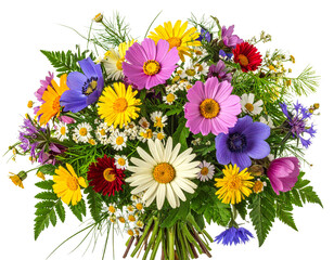 Vibrant spring wildflower bouquet with colorful blossoms isolated on white