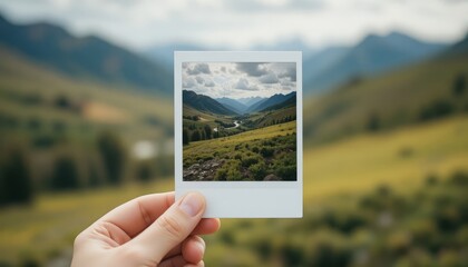 Instant print of a vibrant natural landscape framed by a blurred outdoor scene