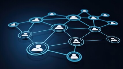 Network of connected human icons in light blue against a dark blue background