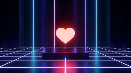 Minimalist Red Heart on Platform with Blue Neon Grid Floor and Laser Lines Valentine