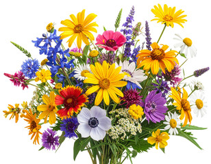 Colorful wildflower bunch with daisies and lavender isolated on white