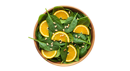 Spinach Salad with Orange Slices and Pine Nuts in Wooden Bowl