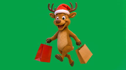 Fototapeta premium A cartoon reindeer wears a red Santa hat and holds two shopping bags as it walks happily. The reindeer has a big smile and is ready for the holiday season. The background is a solid green color