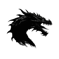 Menacing dark dragon's head silhouette with glowing eyes on a stark white background, symbolizing ancient power