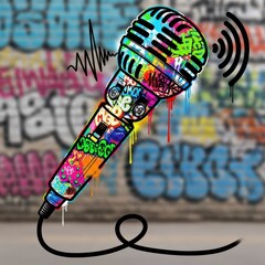 Colorful, graffiti-styled microphone design dominates a blurred urban background
