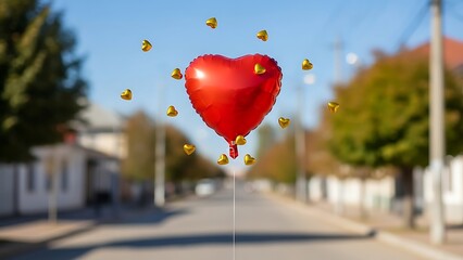 Red heart balloon floating down a suburban street