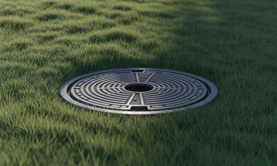 Metallic manhole cover with concentric circles set in a field of grass