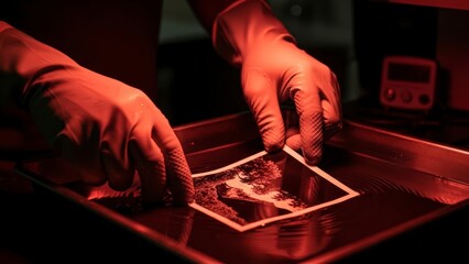 Hands in gloves developing a photograph in a darkroom with red light.