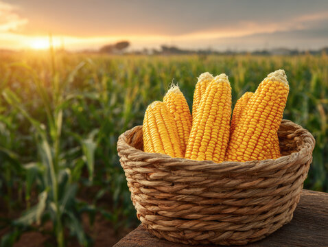 resh corncob in a wooden basket at organic corn field or maize field at agriculture farm in the morning sunrise	