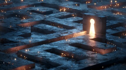 Maze with keyhole unlocking vast glow, labyrinth path to success and freedom, dark blue maze with light at the end