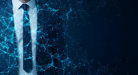 Man in Suit with Digital Network Overlay Representing Technology and Business.