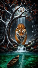 Tiger in jungle near a waterfall 