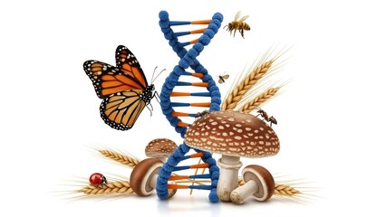 DNA helix surrounded by butterfly, bee, wheat, ladybug, mushrooms, and ants