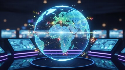 Digital earth globe with glowing connections in control room environment