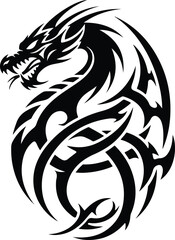 Powerful mythical dragon tribal tattoo design, a strong and fierce legendary creature illustration in stylized black and white vector art, embodying ancient power