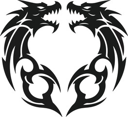 Symmetrical twin dragon heads forming an abstract tribal design, a powerful vector illustration perfect for fantasy themes, tattoo art, or bold graphic projects with strong visual impact