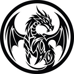 Powerful mythical dragon emblem in a dynamic tribal art style, perfect for fantasy designs and captivating logos, presented as a monochrome vector graphic