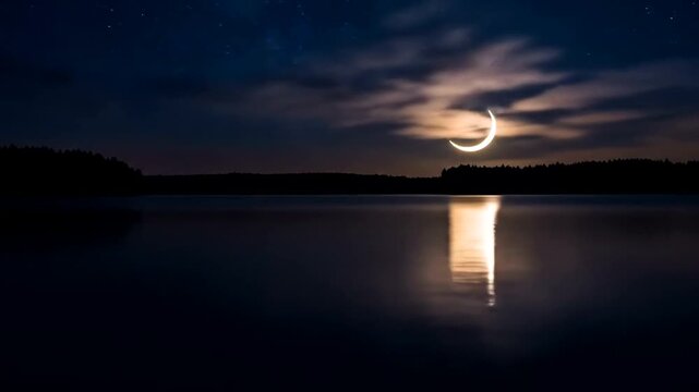 Serene night scene featuring a crescent moon reflecting on a calm lake surrounded by trees