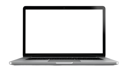 Open laptop with blank white screen isolated on transparent background