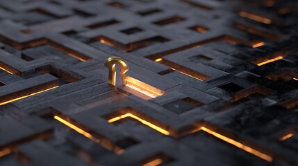 Golden key unlocking vast glowing path through complex dark maze with illuminated route and solution to problem