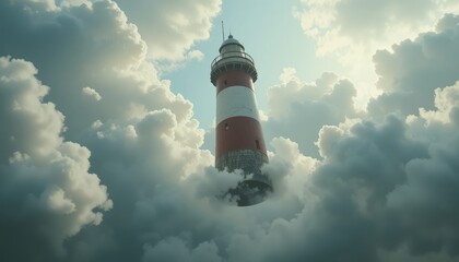 Majestic red and white striped lighthouse reaching high above the clouds