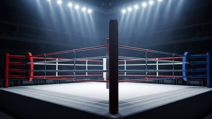 Empty boxing ring illuminated by bright spotlights above a squared platform