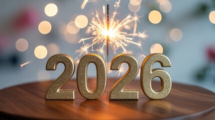 Happy New Year 2026 Golden Glitter Numbers on Wooden Table with Bright Burning Sparkler and Festive Bokeh Background