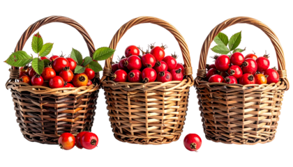 Three woven baskets overflowing with vibrant red rosehips and green leaves
