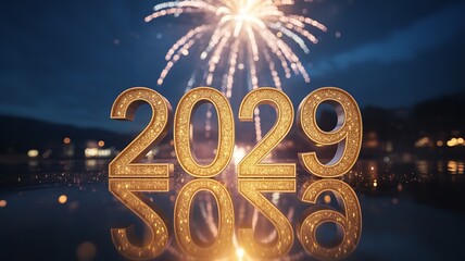 Happy New Year 2029 Golden 3D Numbers with Bright Fireworks Display and Festive Reflection on Dark Water Surface Scene