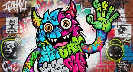 Obraz premium Colorful street art monster character waves a hand against a background of textured brick wall covered in various markings