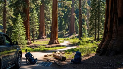 Park scene with a truck, backpacks, and enormous trees, path winding into the distance